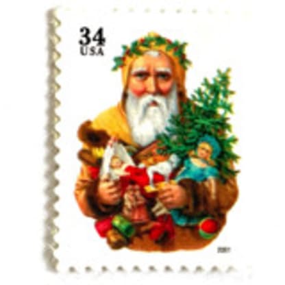 Winter Holidays “Santa with Dog” and Christmas Tree Postage Stamps | Contemporary Christmas Series | Vintage Unused USPS Postage 34c | Pack of 10
