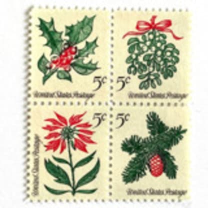 Set of 4 “Christmas Issue Se-Tenant” Stamps | Contemporary Christmas Series | Vintage Unused USPS Postage 5c | Pack of 10 Sets | 40 Individual Stamps