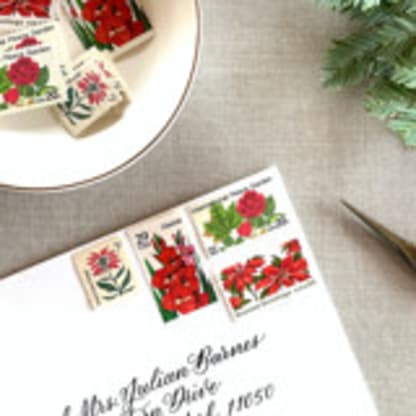 Red Botanical Christmas Vintage Postage, 10 Sets