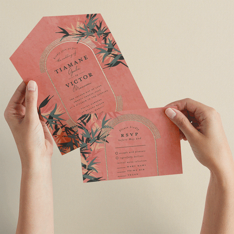 "Birds of Paradise" - Savvy Wedding Invitations in Coral by Julie Hebert - Animated View