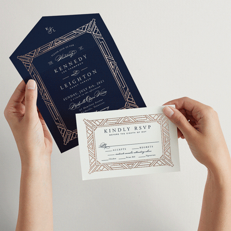 "Opulent Border" - Savvy Wedding Invitations in Dark Navy by Hooray Creative - Animated View