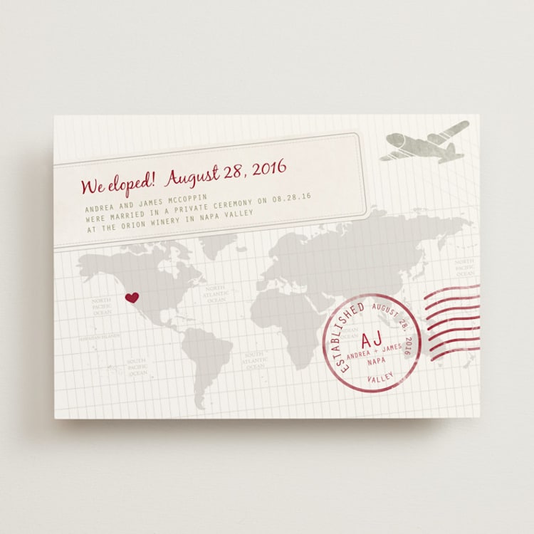 "A Faraway Destination" - Wedding Announcements in Deep Red by bumble ink - Front