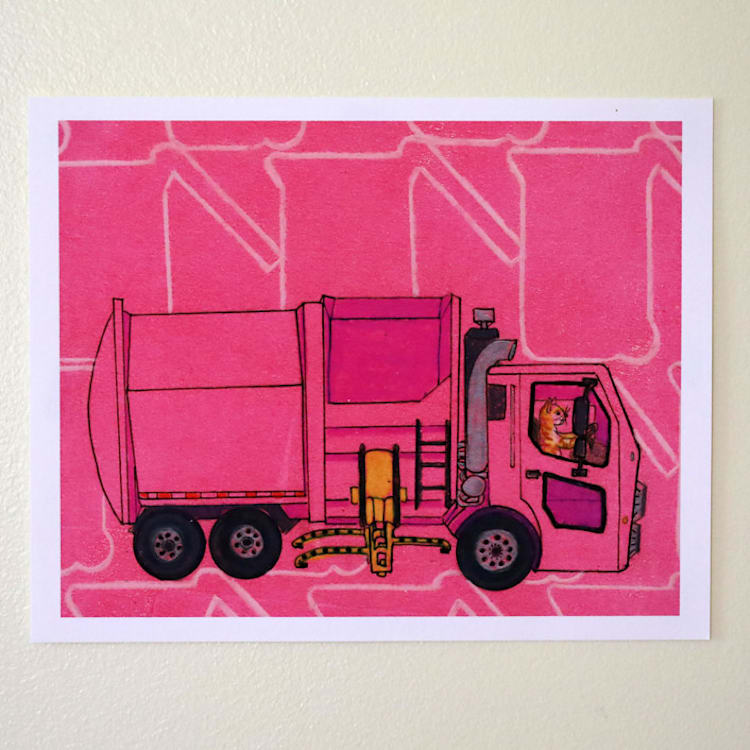 "Garbage Cat" - Limited Edition Fine Art Print in pink by Janie Allen