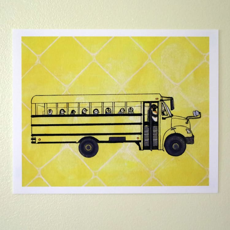 "Penguin School Bus" - Limited Edition Fine Art Print in yellow by Janie Allen