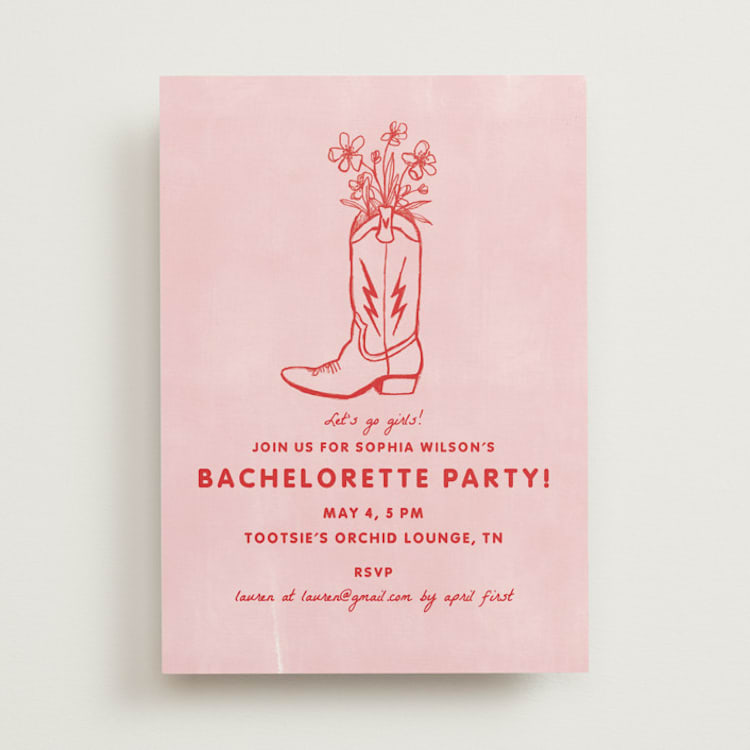"Party Boots" - Bachelorette Party Invitations in Strawberry by Erin Kessler - Front