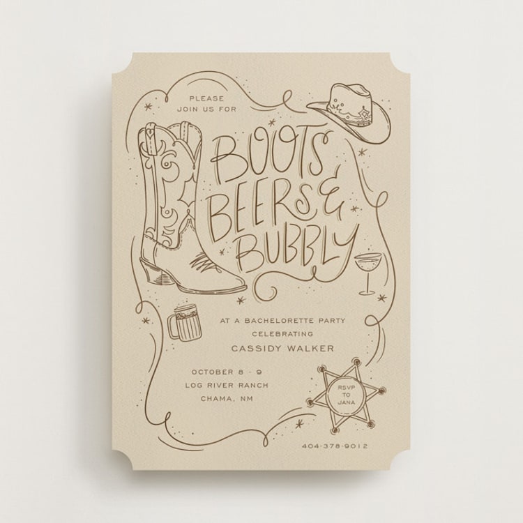 "Boots, Beers, and Bubbly" - Bachelorette Party Invitations in Sand by Cindy Reynolds - Front