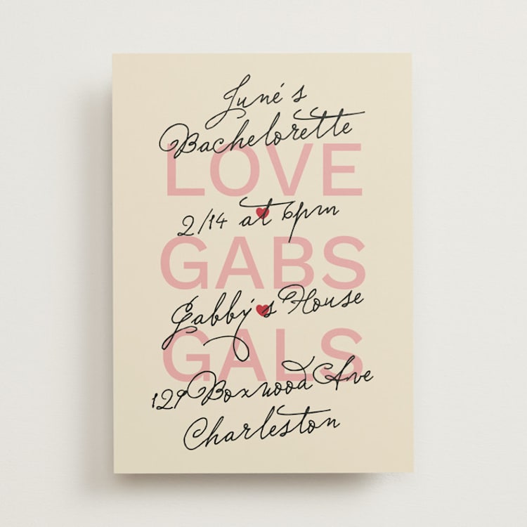 "Gals and Gabs" - Bachelorette Party Invitations in Strawberry by Inkblot Design - Front