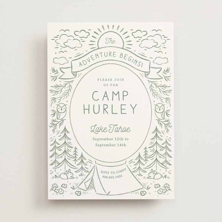 "The Adventure Begins" - Bachelorette Party Invitations in Sage by Kiersten Garner - Front