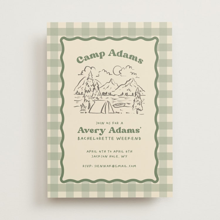 "Camp Mitzvah" - Bachelorette Party Invitations in Sage by Creo Study - Front