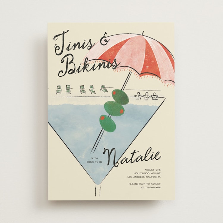 "Tinis and Bikinis" - Bachelorette Party Invitations in Palm by Jenna Holcomb - Front