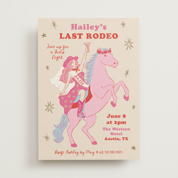 "Rodeo" - Bachelorette Party Invitations in Flamingo by Elly - Front