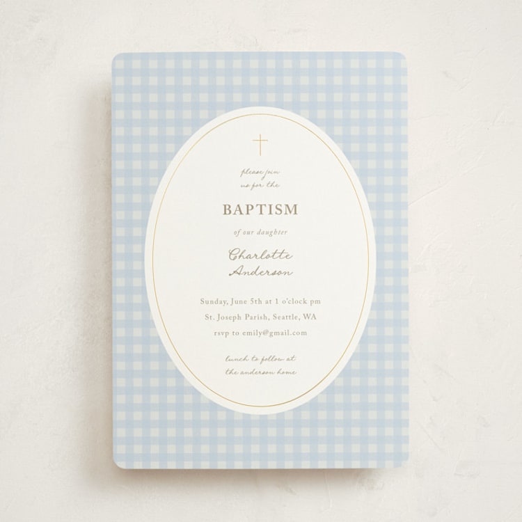 "Gentle Beginnings" - Baptism and Christening Invitations in Powder by Stephanie Heinrich Godbout - Front