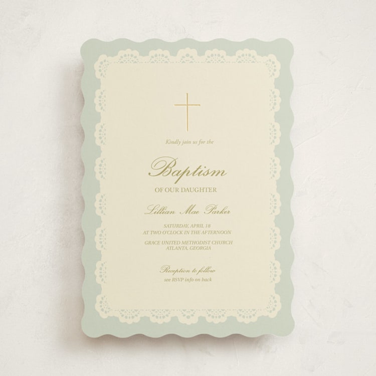 "Vintage Lace" - Baptism and Christening Invitations in Sage by Rina Ozum - Front
