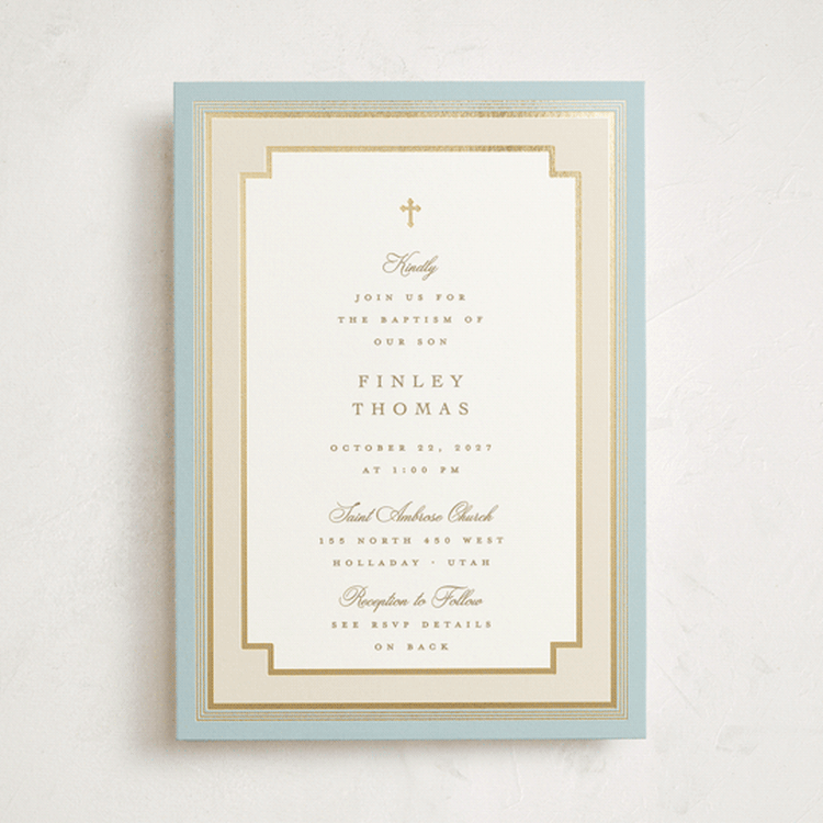 "Delicate Frame" - Baptism and Christening Invitations in Sky by Robert and Stella - Front