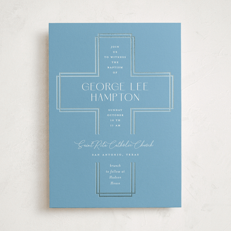 "Modern Heirloom" - Baptism and Christening Invitations in Glacier by Lauren Chism - Front