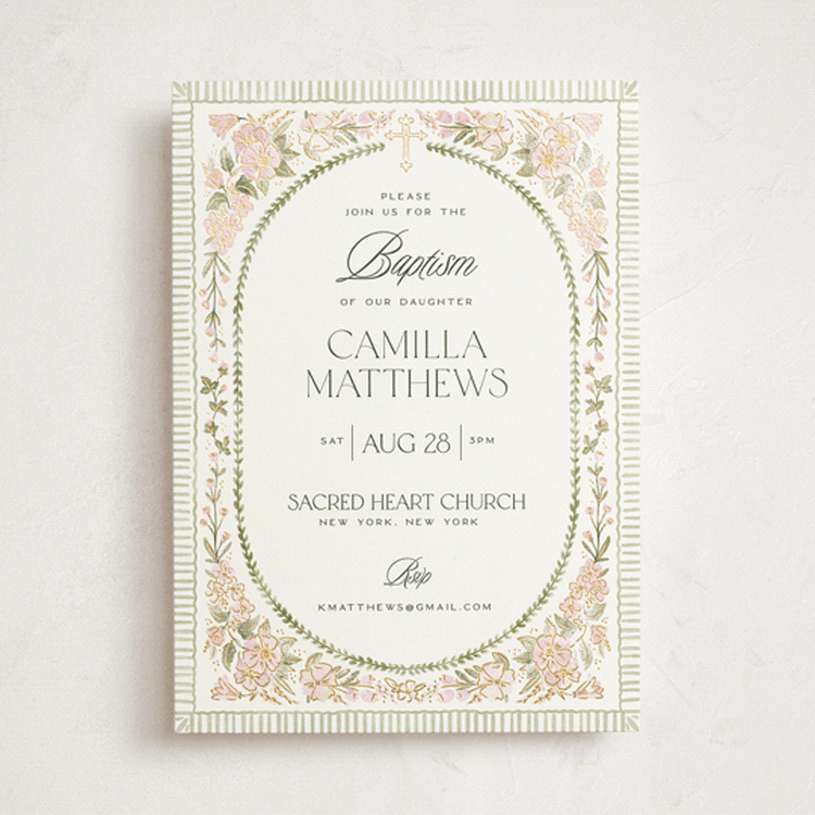 "Wildflower Frame" - Baptism and Christening Invitations in Rose by Jenna Holcomb - Front