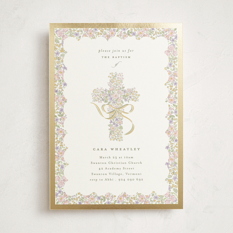 "Cottage Garden" - Baptism and Christening Invitations in Sage by Corinne Malesic - Front