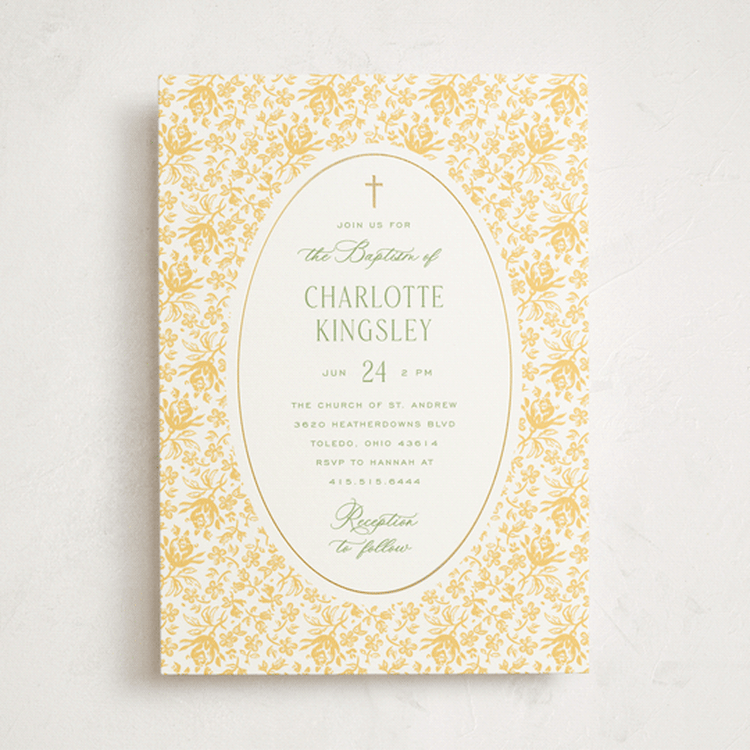 "Calico" - Baptism and Christening Invitations in Daffodil by Heather Schertzer - Front