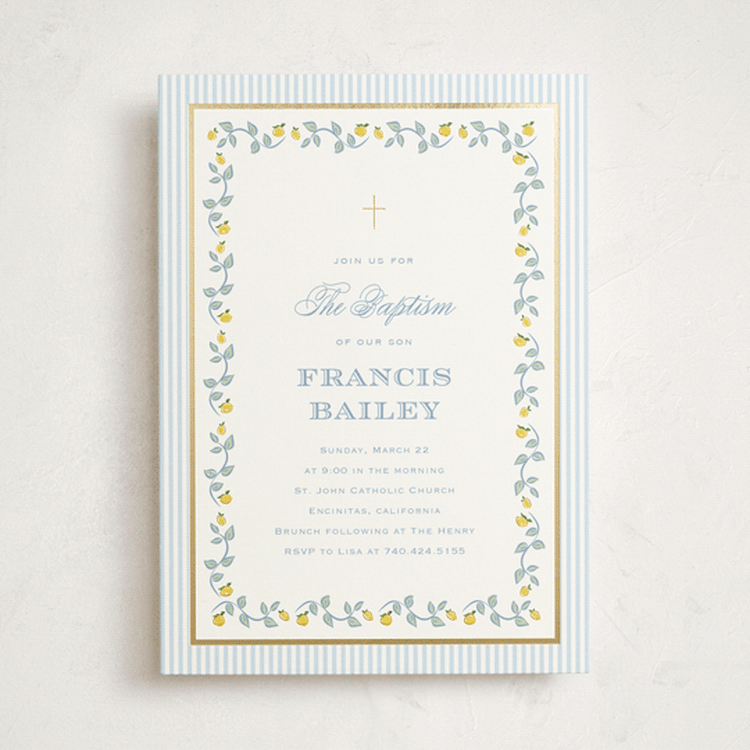 "Lemon Stripes" - Baptism and Christening Invitations in Sky by Carolyn MacLaren - Front