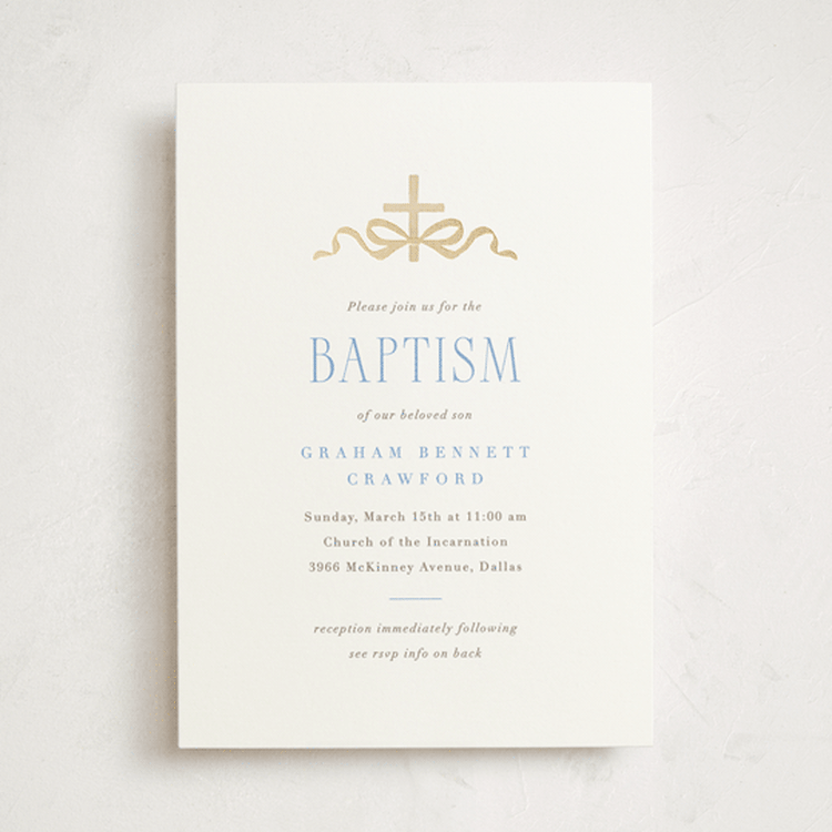 "Ribbon and Cross" - Baptism and Christening Invitations in Celestial by Olivia Raufman - Front