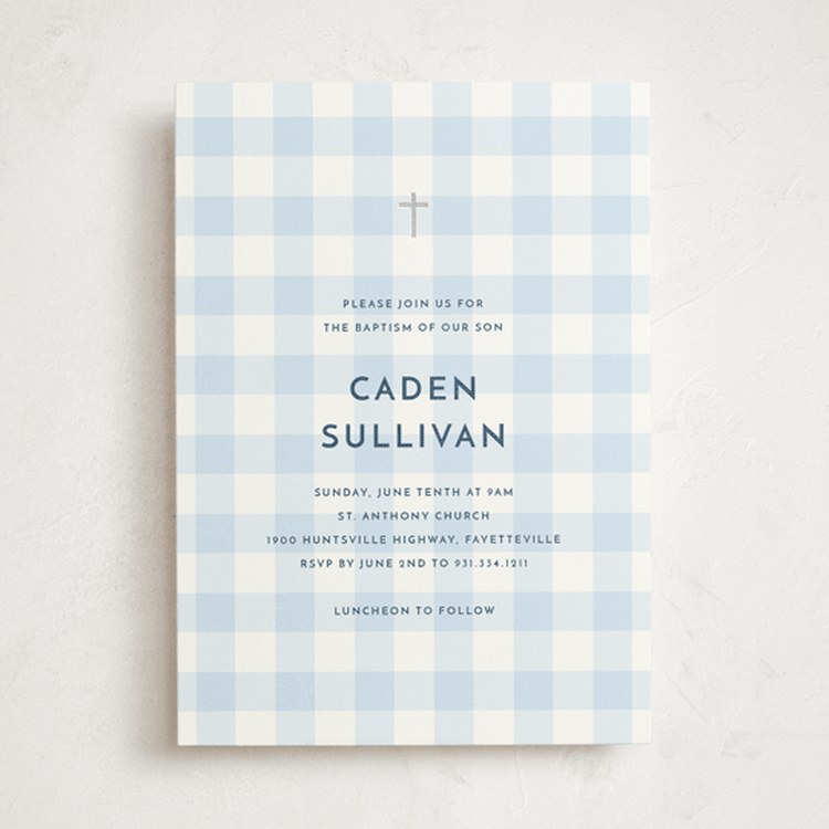 "Sweetest gingham" - Baptism and Christening Invitations in Sky by Stacey Meacham - Front