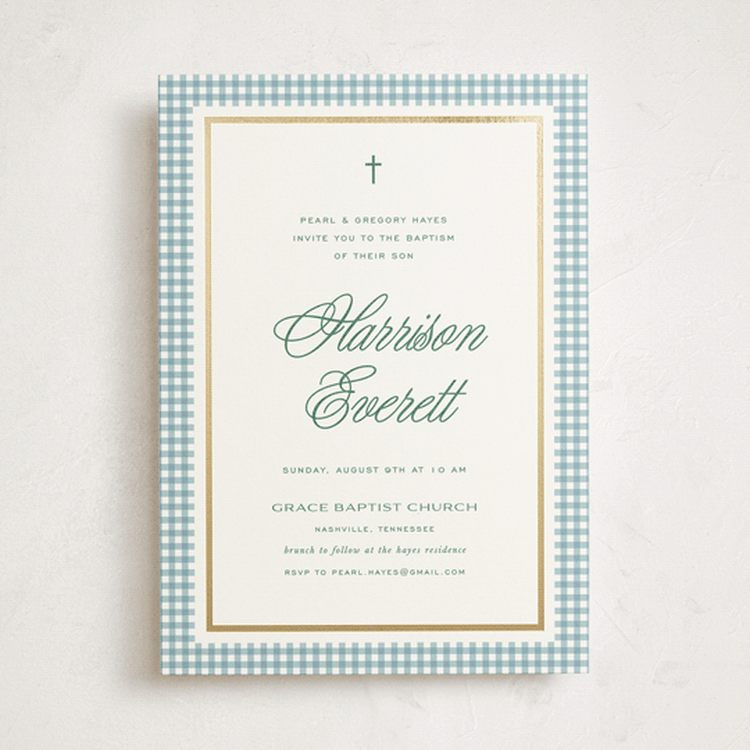 "Mini Gingham" - Baptism and Christening Invitations in Pond by Kelly Watkins - Front
