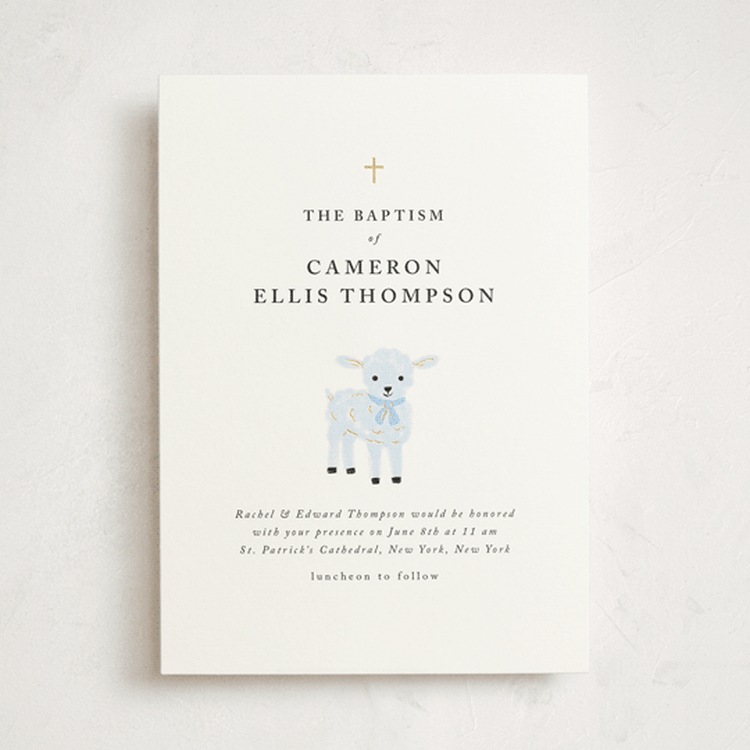 "Little Lamb" - Baptism and Christening Invitations in Sky by mo kelley - Front