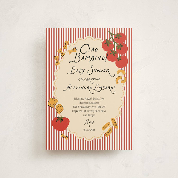 "Pasta Sauce" - Baby Shower Invitations in Tomato by Jenna Holcomb - Front