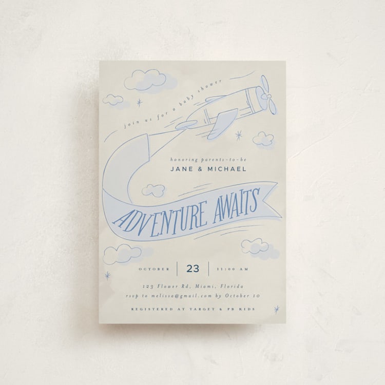 "Fly With Me" - Baby Shower Invitations in Sky by Vera Lim - Front