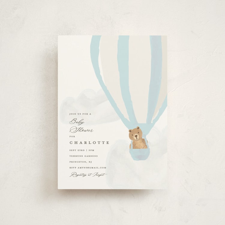"Hot Air Balloon Bear" - Baby Shower Invitations in Blue Berry by Teju Reval - Front