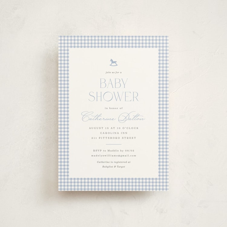 "Gingham Rockinghorse" - Baby Shower Invitations in Baby Blue by Olivia Raufman - Front