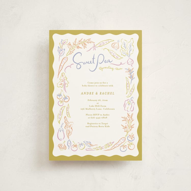 "Veggie Patch" - Baby Shower Invitations in Olive by Natalie Rae - Front