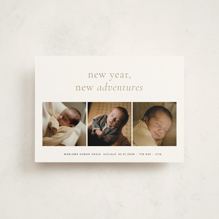 "Awaits" - Holiday Birth Announcement Cards in Ink by Blustery August - Front