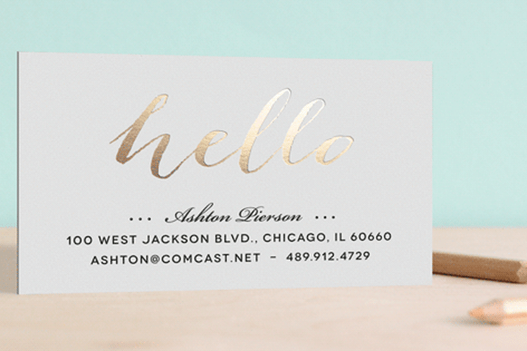 "Hello Friend" - Business Cards in Gold by Erin Deegan - Front