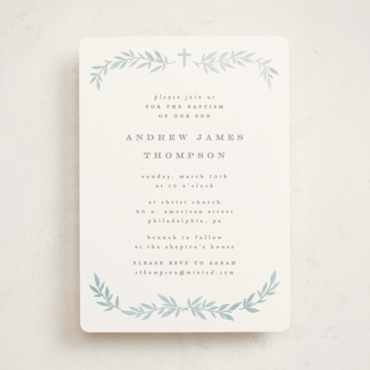 "Simple Foliage" - Baptism and Christening Invitations in Mist by Everett Paper Goods - Front