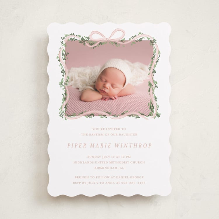 "Ribbonly Frame" - Baptism and Christening Invitations in Blush by Itsy Belle Studio - Front