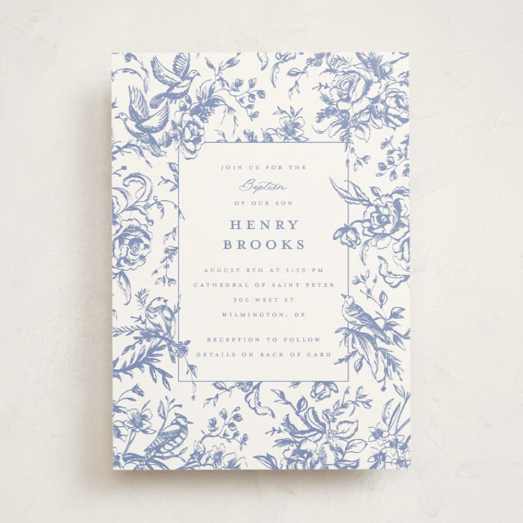 "Dreamy Toile" - Baptism and Christening Invitations in Blueberry by Teju Reval - Front