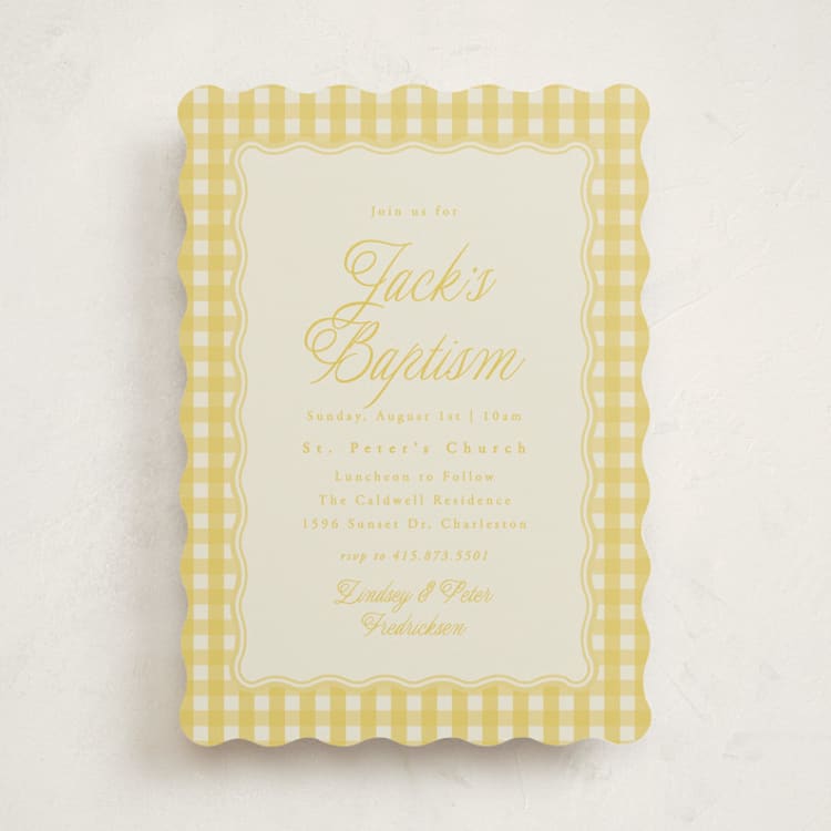 "Scalloped Gingham" - Baptism and Christening Invitations in Lemonade by Brianne Larsen - Front