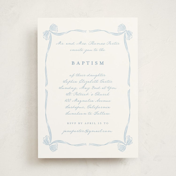 "Bow Frame" - Baptism and Christening Invitations in Lagoon by Leah Bisch - Front