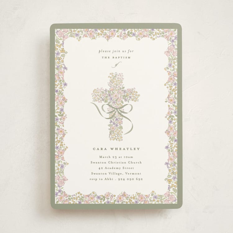 "Cottage Garden" - Baptism and Christening Invitations in Sage by Corinne Malesic - Front