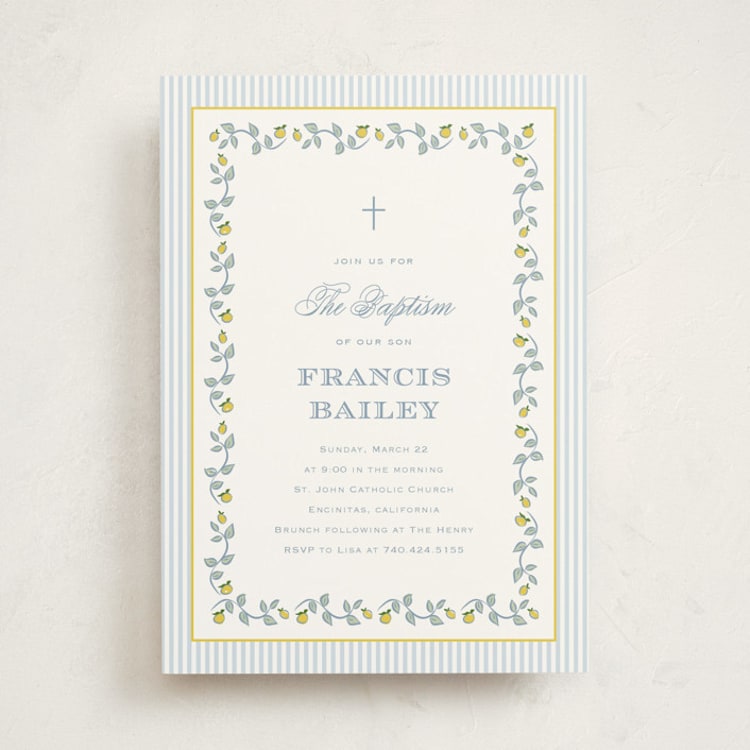 "Lemon Stripes" - Baptism and Christening Invitations in Sky by Carolyn MacLaren - Front