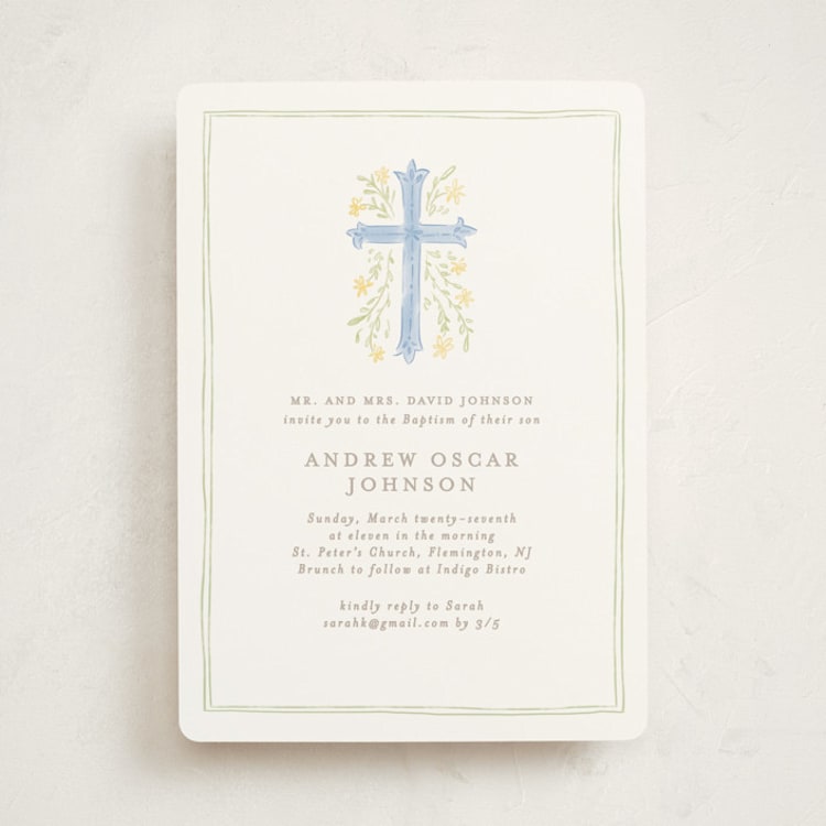 "Botanical Cross" - Baptism and Christening Invitations in Blue Jay by Creo Study - Front