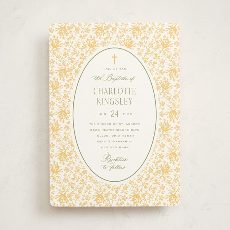 "Calico" - Baptism and Christening Invitations in Daffodil by Heather Schertzer - Front