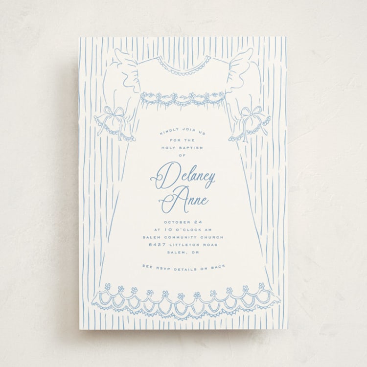 "Sweet Gown" - Baptism and Christening Invitations in Dreamy by Charter Oaks Creative - Front