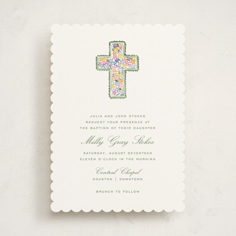 "Scalloped Cross" - Baptism and Christening Invitations in Marsh by Pati Cascino - Front