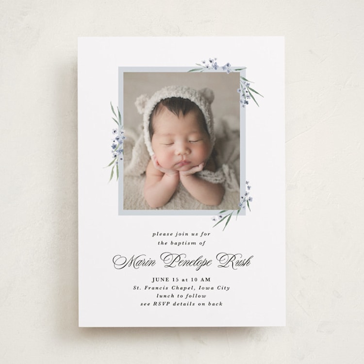 "Vinca" - Baptism and Christening Invitations in Sky by Kate Ahn - Front