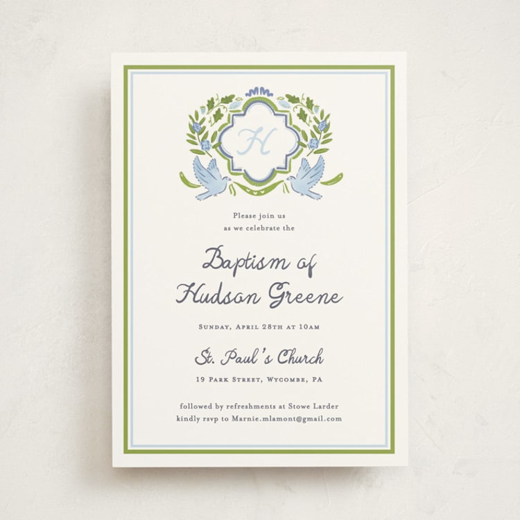"Dove Crest" - Baptism and Christening Invitations in Apple by Corinne Malesic - Front