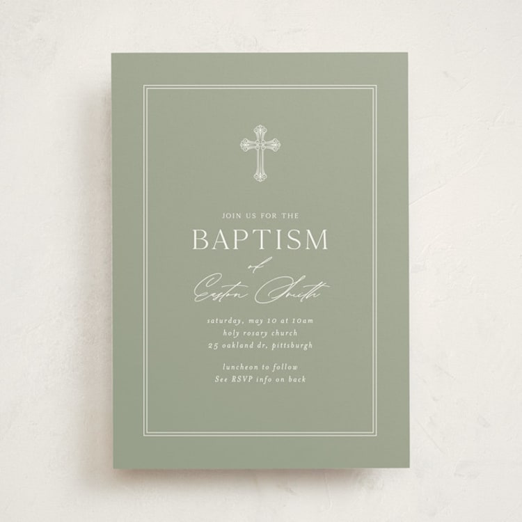"Ornate Cross" - Baptism and Christening Invitations in Sage by Sarah Hawkins Designs - Front