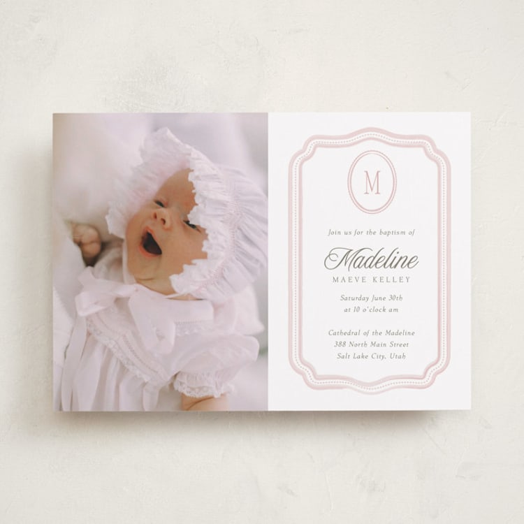 "Lace Monogram" - Baptism and Christening Invitations in Petal by Robert and Stella - Front