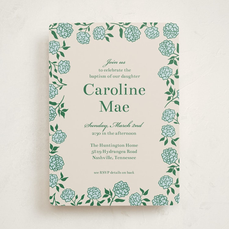 "Hydrangea" - Baptism and Christening Invitations in Powder by Michelle Buckner - Front